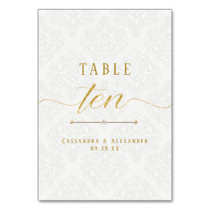 Tarjeta De Mesa Guión Elegante Lazo Blanco Boda Dorada Diez 10