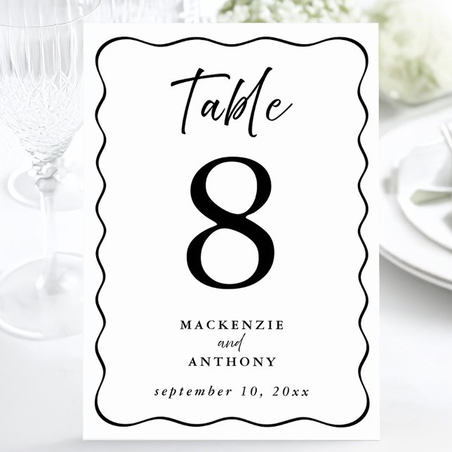 Tarjeta De Mesa Guión manuscrito del marco ondulado del boda Negro (Wedding Wavy Frame Handwritten Script Black Table Number)