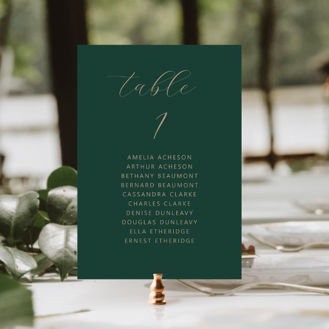 Tarjeta De Mesa Guión mínimo moderno Boda de oro verde oscuro (Subido por el creador)