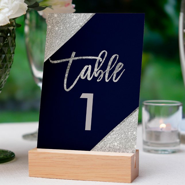 Tarjeta De Mesa Guión purpurina plateado número de tabla azul mari (Subido por el creador)