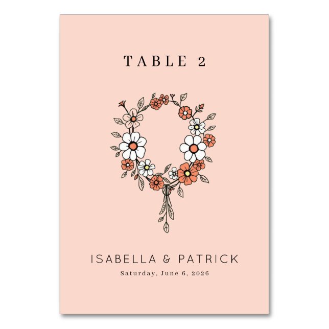 Tarjeta De Mesa Guirnalda floral de melocotón alegre (Anverso)