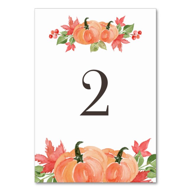 Tarjeta De Mesa Guirnaldas de calabaza y hojas de arce en acuarela (Anverso)