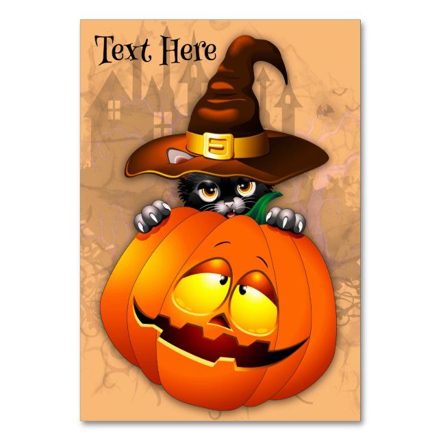 Tarjeta De Mesa Halloween Curte Kitty Witch and Pumpkin Friend (Anverso)