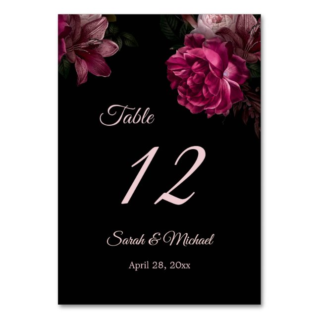 Tarjeta De Mesa Hand Painted Roses Dark Moody Floral Wedding   (Anverso)
