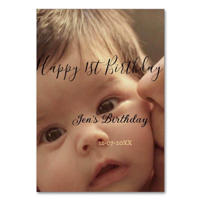 Tarjeta De Mesa Happy 1st birthday name photo date stylish calligr (Anverso)