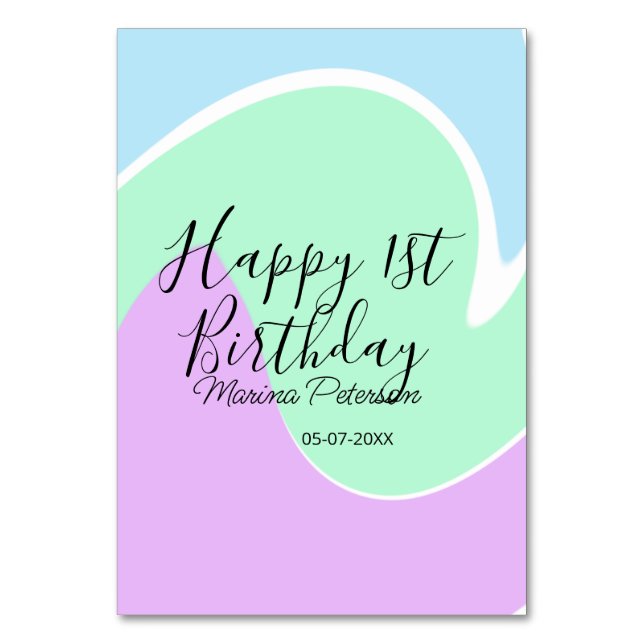 Tarjeta De Mesa Happy 1st birthday pink green blue acrylic pour  (Anverso)