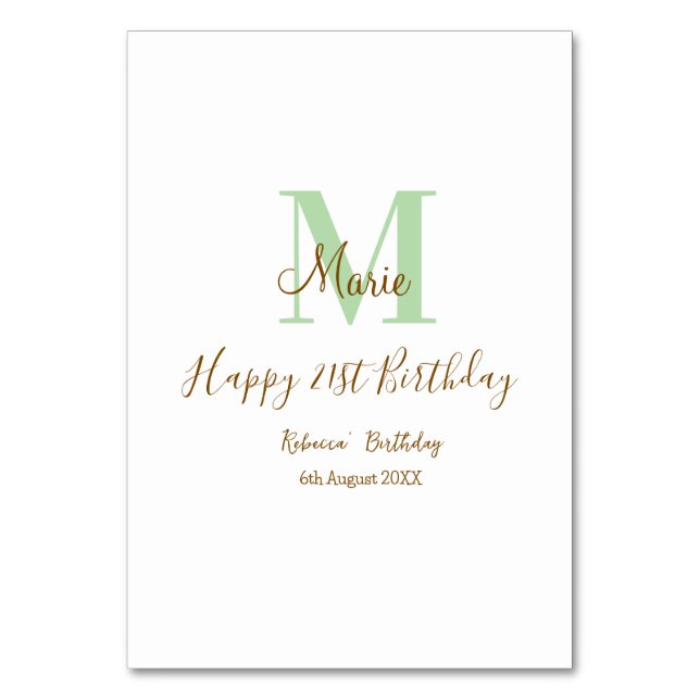 Tarjeta De Mesa Happy 21st Birthday green add name monogram brown  (Anverso)
