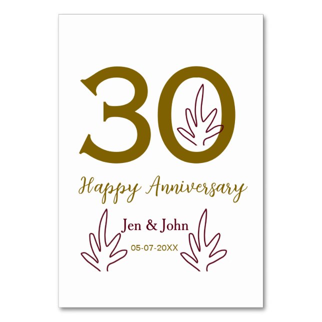 Tarjeta De Mesa Happy 30th anniversary name date golden red leaf (Anverso)