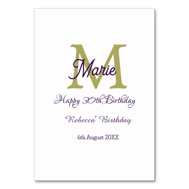 Tarjeta De Mesa Happy 30th Birthday goldenadd name monogram modern (Anverso)