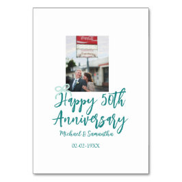 Tarjeta De Mesa Happy 50th anniversary photo turquoise bow name da