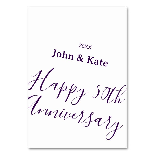 Tarjeta De Mesa Happy 50th anniversary purple name year simple  (Anverso)