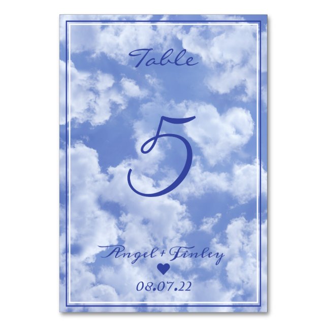 Tarjeta De Mesa Heart Cloud Sky Cute Modern Blue Custom Wedding (Anverso)
