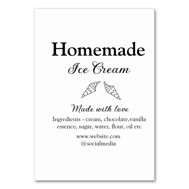 Tarjeta De Mesa Helados caseros añaden ingredientes hechos con amo (Anverso)