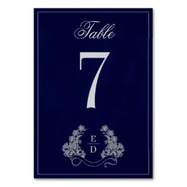 Tarjeta De Mesa Heritage Floral Crest Navy Monogram Wedding