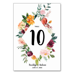 Tarjeta De Mesa Hermosas flores de otoño Boda números de tabla