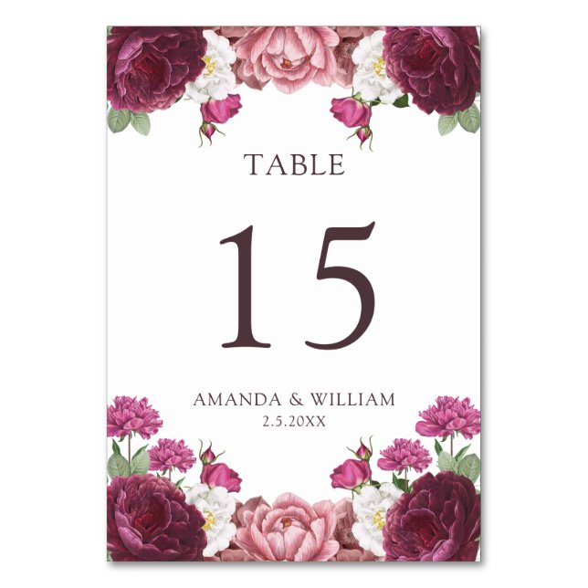 Tarjeta De Mesa Hermoso Boda Floral Borgoña (Anverso)