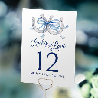 Tarjeta De Mesa Herradura cinta azul de la suerte acuarela boda