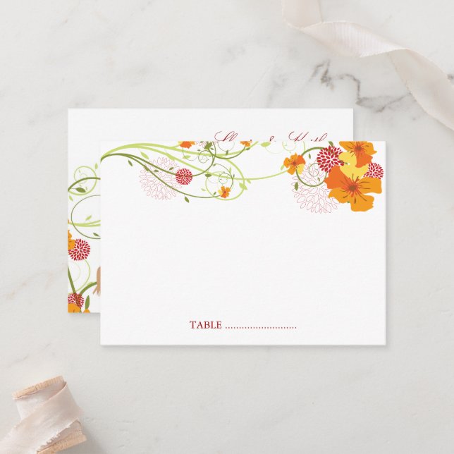 Tarjeta De Mesa Hibiscus Amarillo Swirls y Swallow Floral Boda (Anverso/Reverso In Situ)