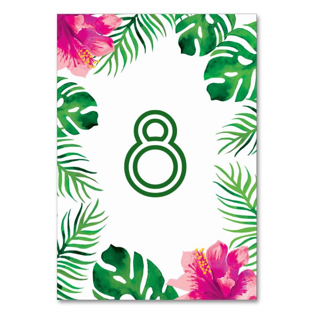 Tarjeta De Mesa Hibiscus rosado y hojas tropicales (Anverso)