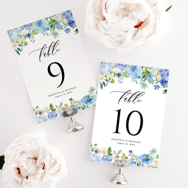 Tarjeta De Mesa Hidrangea azul acuarela y Boda Rosa (Subido por el creador)