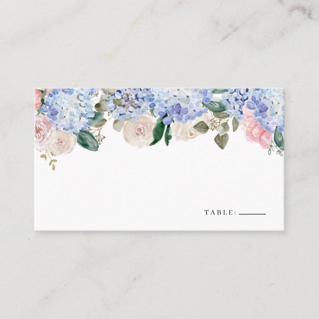 Tarjeta De Mesa Hidrangea azul acuarela y rosa floral (Anverso)