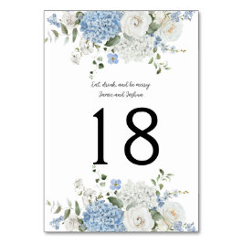 Tarjeta De Mesa Hidrangeas blancas azules, número de tabla de Boda