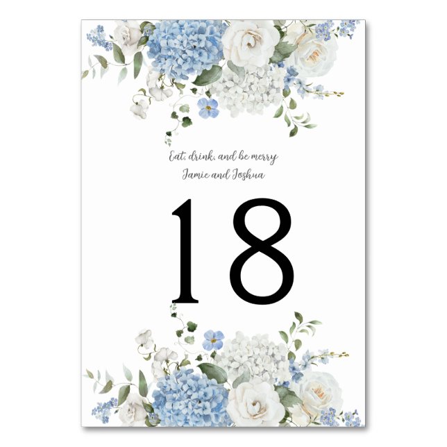 Tarjeta De Mesa Hidrangeas blancas azules, número de tabla de Boda (Anverso)