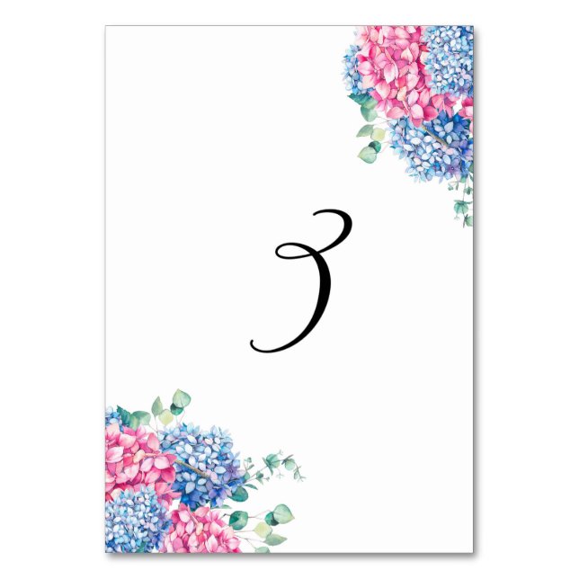 Tarjeta De Mesa Hidrángulas rosas y azules de color de agua Tabla  (Anverso)