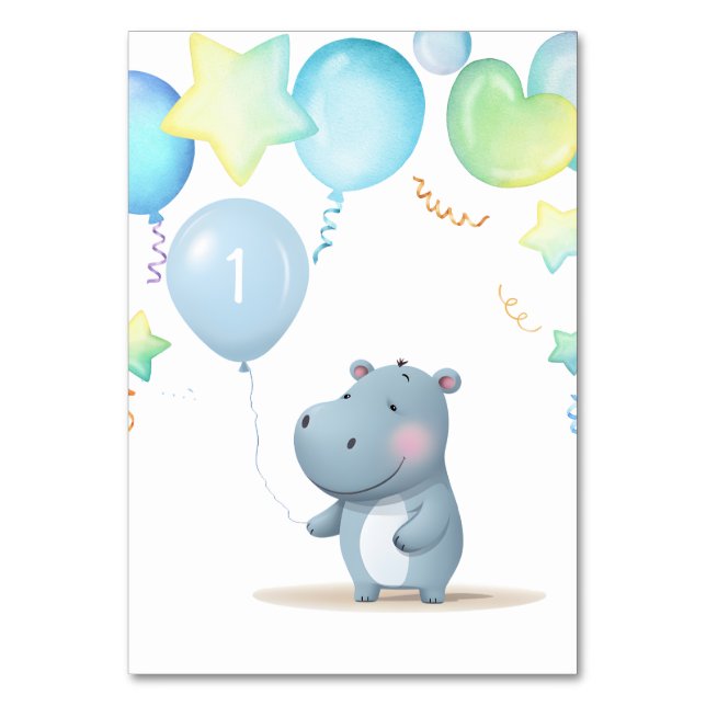 Tarjeta De Mesa Hippo Cumpleaños azul suave (Anverso)