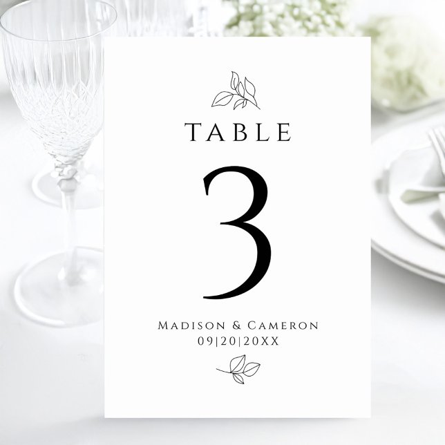 Tarjeta De Mesa Hoja de follaje blanco negro elegante para boda pe (Custom Wedding Black White Leaves Foliage Elegant Table Number)