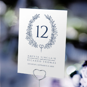 Tarjeta De Mesa Hojas de ovario azul oscuro sobre boda blanco