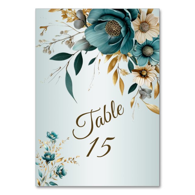 Tarjeta De Mesa Hojas doradas de flores blancas turquesa del parti (Anverso)