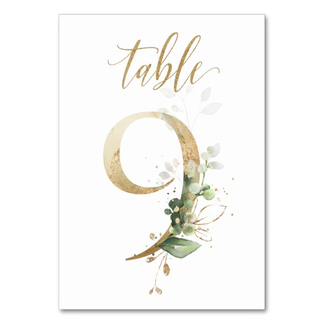 Tarjeta De Mesa Hojas doradas verdes Mesa 9, (Anverso)