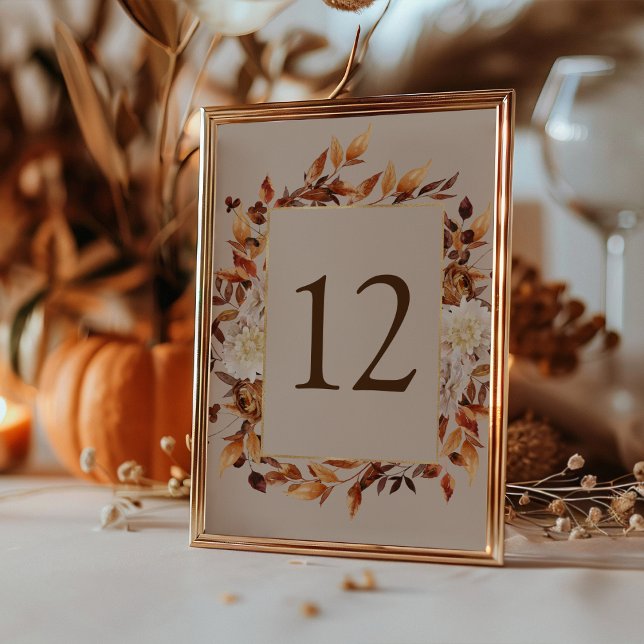Tarjeta De Mesa Hojas ocres de otoño (Autumn Watercolor Taupe Leaves Floral Table Number by Painted Paperie
)