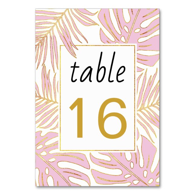 Tarjeta De Mesa Hojas rosadas tropicales con boda de contorno de o (Anverso)