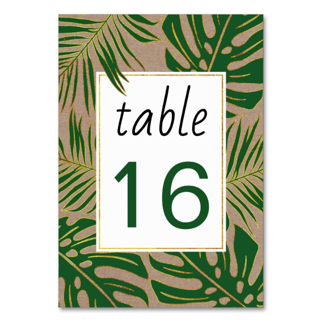 Tarjeta De Mesa Hojas verdes tropicales número de tabla boda boda (Anverso)