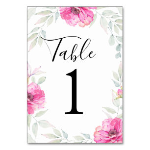 Tarjeta De Mesa Hojas y flores rosadas pintadas con acuarela