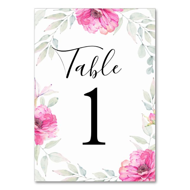 Tarjeta De Mesa Hojas y flores rosadas pintadas con acuarela (Anverso)
