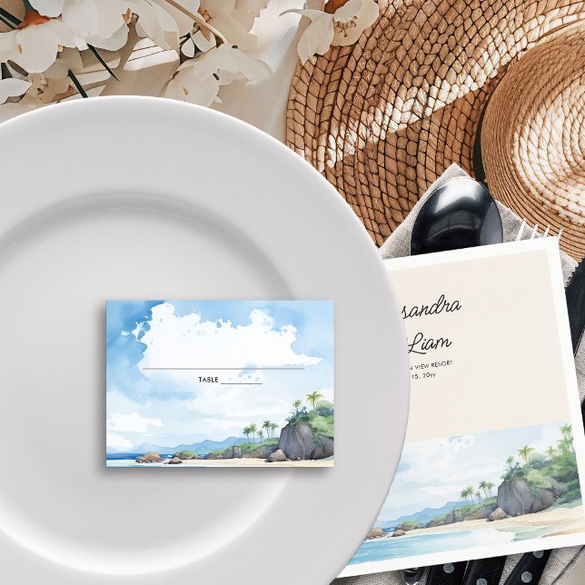 Tarjeta De Mesa Horizonte tropical acuático de bodas de playa (Wedding table place cards from the Summer Beach Wedding Collection by Darling & May)