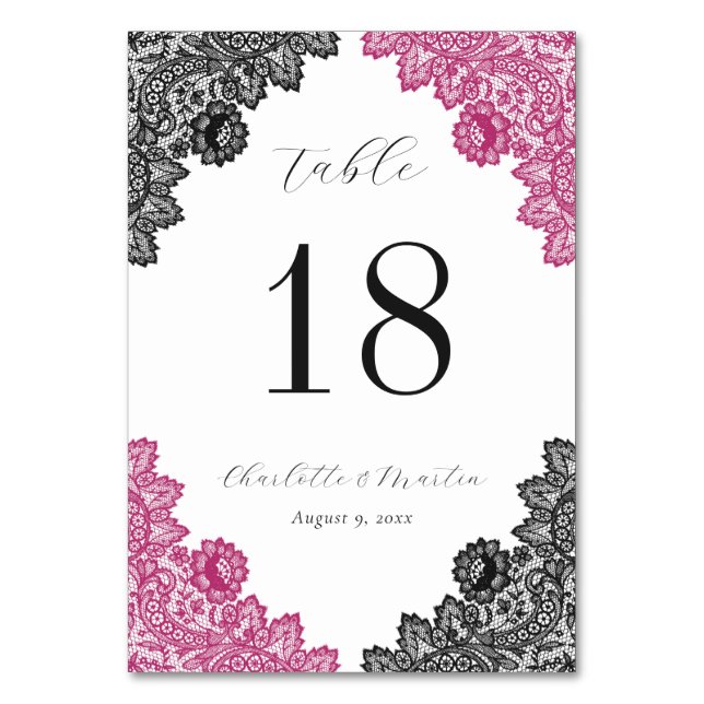 Tarjeta De Mesa Hot Pink and Black Floral Lace Wedding (Anverso)