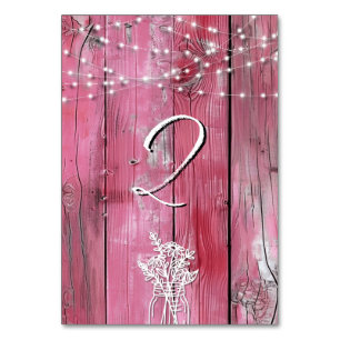 Tarjeta De Mesa Hot Pink Rustic Wood String Lights Mason Jar