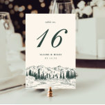Tarjeta De Mesa Hunter Green | Mountain Sketch Wedding<br><div class="desc">Rustic woodland chic table number cards feature a sketched illustration of mountain peaks,  pine trees and a flowing river,  beneath your table number,  event date and additional custom text. Design repeats on reverse side. Coordinates with our wintry Mountain Sketch wedding invitation suite.</div>