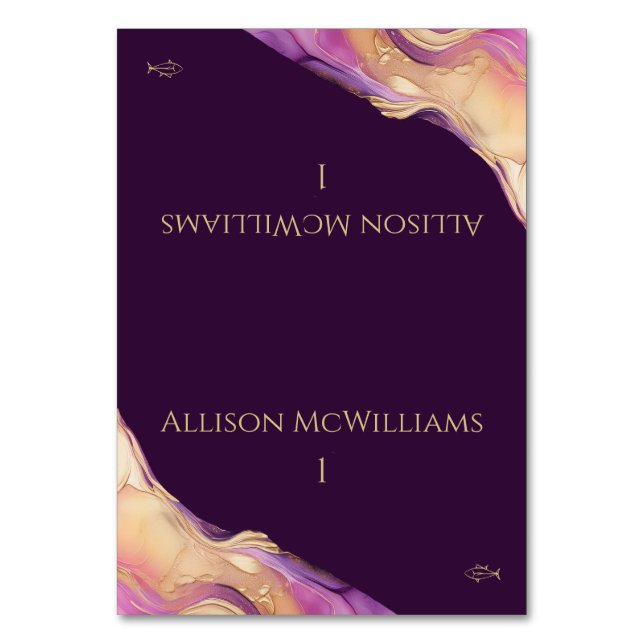 Tarjeta De Mesa Ícono de Boda-pez púrpura y dorado moderno (Anverso)