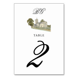 Tarjeta De Mesa Iglesia acuarela Monograma tradicional Boda