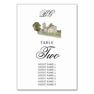Tarjeta De Mesa Iglesia acuarela Monograma tradicional Boda