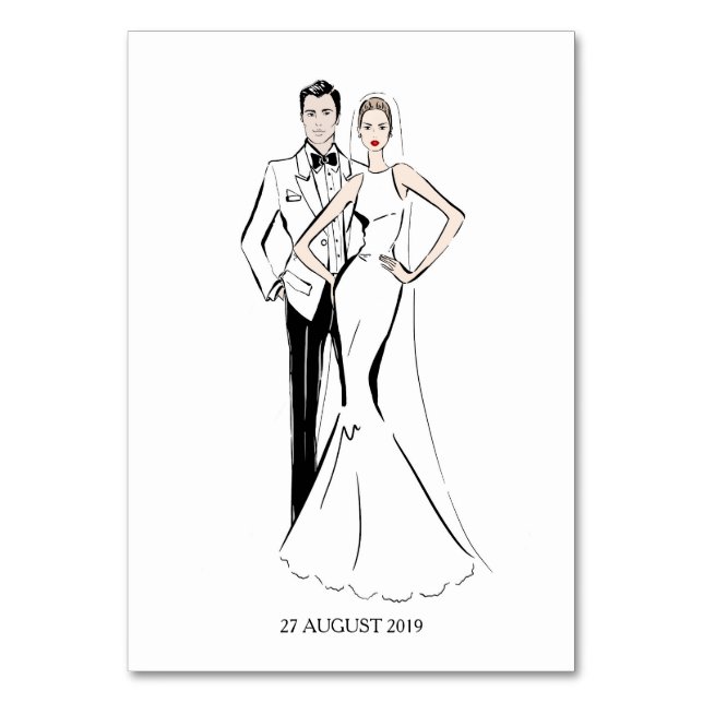 Tarjeta De Mesa Ilustracion de moda de novias y novios (Anverso)