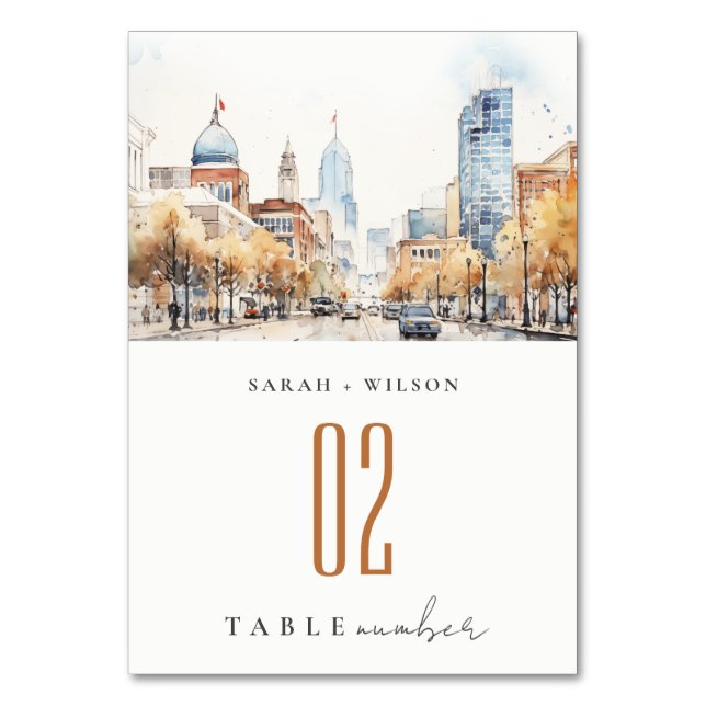 Tarjeta De Mesa Indianapolis, Indiana Watercolor Landscape Wedding (Anverso)
