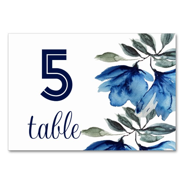 Tarjeta De Mesa Indigo azul rústico Floral acuarela moderna (Anverso)