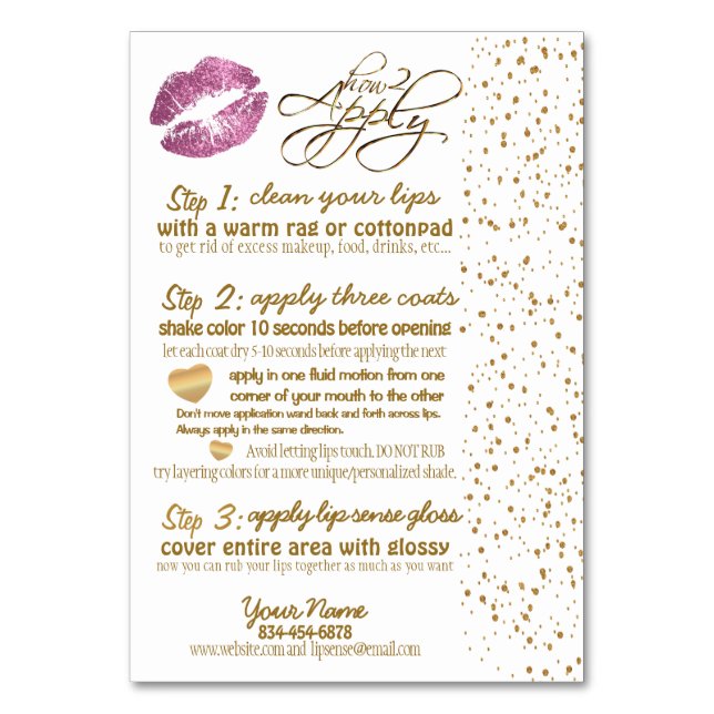 Tarjeta De Mesa Instrucciones de Lip de Confetti Rosa y Oro 2 (Anverso)