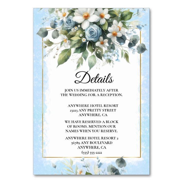 Tarjeta De Mesa Invitación de Acuarela Rústica Floral Elegante Azu (Anverso)